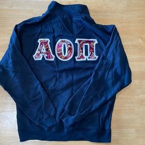 Alpha Omicron Pi quarter zip with stictched letters